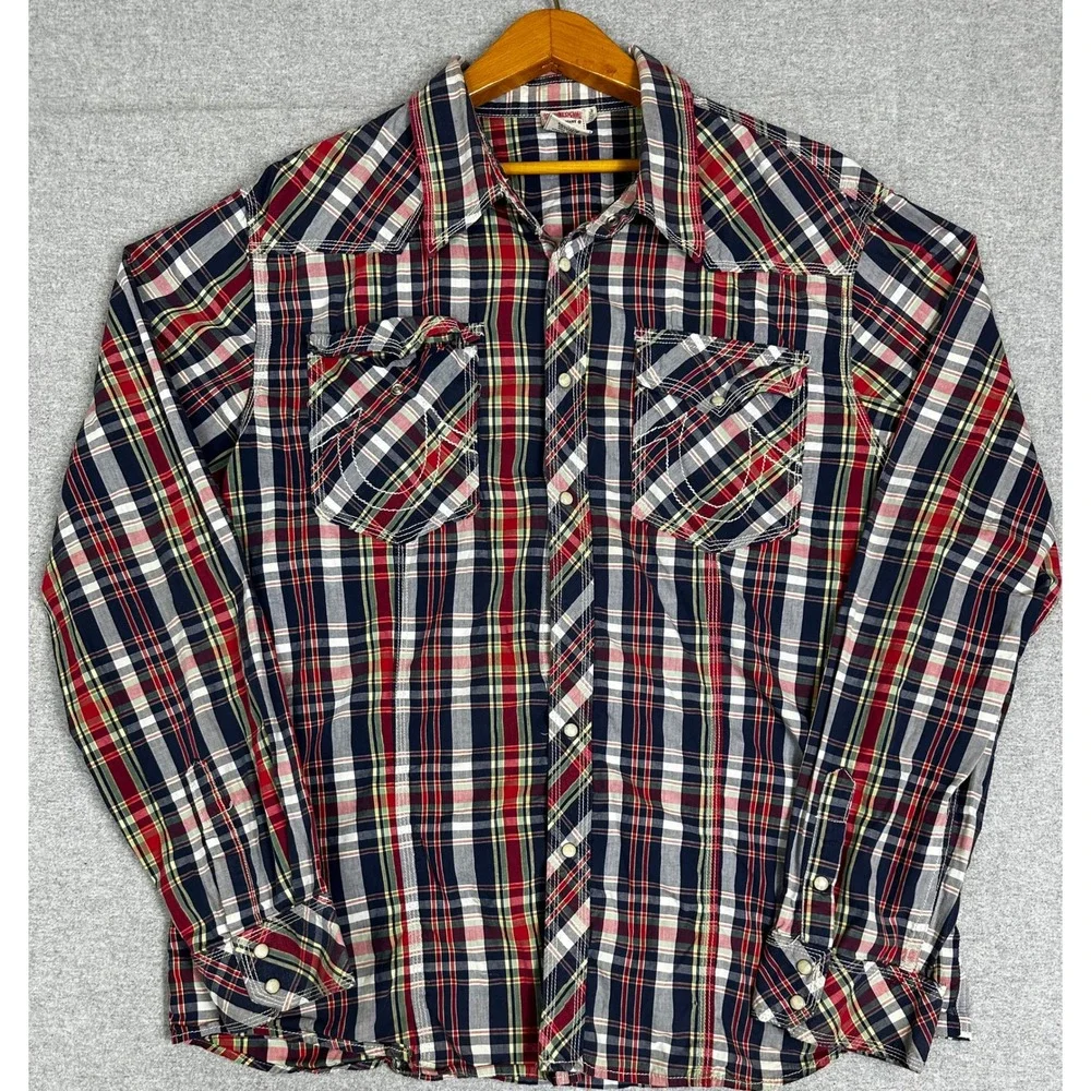 True Religion Western Shirt Mens XXXL Blue Red Plaid Pearl Snap Stitch